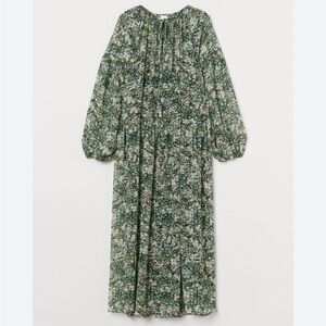 H&M Semi Sheer Chiffon Maxi Dress Floral Green Peasant Romantic Boho Women’s L